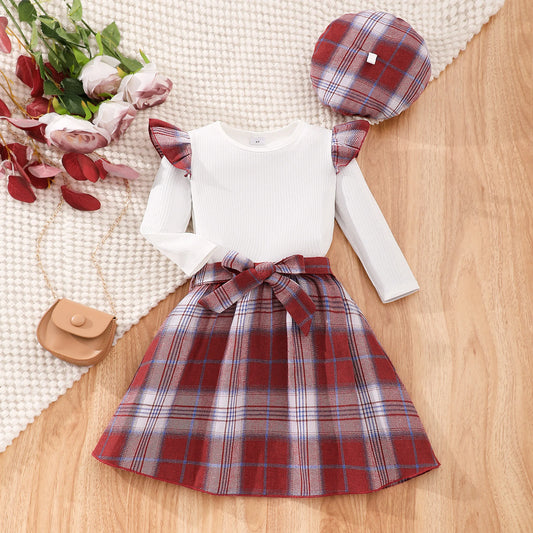 Toddler Girls Flutter Trim Long Sleeve Top + Plaid Skirt Kids Clothes Autumn Party