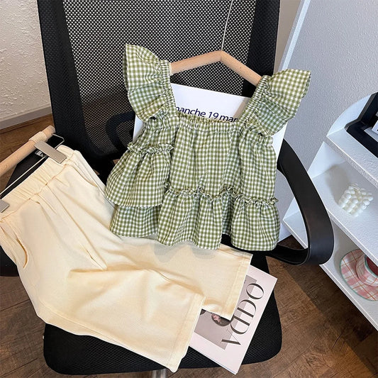 Summer Kids Clothes Green Plaid Fly Sleeved Top+solid Color Casual Pants 2-piece Set Girl Clothes Vest Set  Kids Clothes Girls